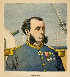 Válka na Madagaskaru-neoficiální historie francouzských expedic 1885-1895 od Henri Galli dit Galllichet (1854-1922), ilustroval Louis Bombled (1862-1927): Portrét admirála Paula Emile Miota (1827-1900), soukromá sbírka od Louis Charles Bombled