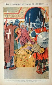 Nález mumifikovaného těla císaře Justiniána (483-565) během dobytí Konstantinopole křižáky v roce 1204, ilustrace z „Histoire de France“ od Julese Micheleta (1798-1874) kolem roku 1900 (barevné litho) od Louis Charles Bombled