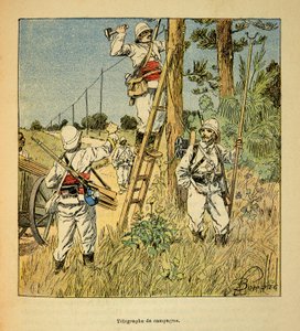 Válka na Madagaskaru - neoficiální historie francouzských expedic 1885-1895 Henri Galli dit Galllichet (1854-1922), ilustrovaný Louisem Bombledem (1862-1927): Implementace telegrafu kampaně armádou na Madagaskaru v roce 1895, Private kol od Louis Charles Bombled