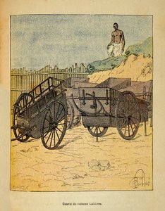 Válka na Madagaskaru-neoficiální historie francouzských expedic 1885-1895 Henri Galli dit Galllichet (1854-1922), ilustrovaný Louisem Bombledem (1862-1927): Konvoj automobilů, které Lefebvre používá pro zásobování vojáků, Soukromá sbírka od Louis Charles Bombled