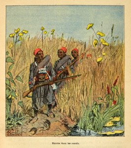 Válka na Madagaskaru-neoficiální historie francouzských expedic 1885-1895 Henri Galli dit Galllichet (1854-1922), ilustrovaný Louisem Bombledem (1862-1927): Francouzské jednotky na expedici v močálech na Madagaskaru v roce 1895, soukromá sbírka od Louis Charles Bombled