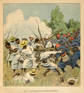 Válka na Madagaskaru - Neoficiální historie francouzských expedic v letech 1885-1895 od Henri Galli dit Galllichet (1854-1922), ilustrované Louisem Bombledem (1862-1927): Malgaši se zmocnili dělo během bitev Ambolomonty v roce 1895, Soukromá sbírka od Louis Charles Bombled