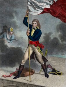 Napoleon Bonaparte během bitvy u mostu Arcole (Arcola), listopad 1796 - Buonaparte General en Chief of the Armee of Italy zavěšuje vlajku na most Arcole v roce 1796 - rytina Louis Charles Ruotte