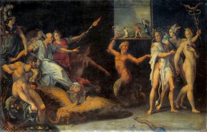 Alegorie na odvolání Edit de Nantes v říjnu 1685 Ústřední postava představuje Basville (dračí muž), intendant Languedocu, odnášející jejich poslední šaty od hugenotů. Usnadnil zakládání dragonád zaměřených na spol