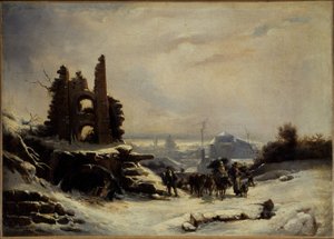 Návrat z trhu (sněhový efekt v Paříži), asi 1830 (olej na plátně) od Louis Claude Mallebranche