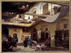 Kobercový bazar v Khan-Khabil v Káhiře v roce 1866. Obraz Louis Claude Mouchot (1830-1891)