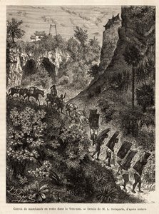 Konvoj obchodníků a jejich nosičů na cestě do Yunnanu (Čína), vyrytý podle kresby L.Delaporteho, pro ilustraci průzkumné cesty v Indočíně od Francise Garniera, poručíka lodi, v letech 1866-1868, publikované v „“ Le tour du monde”” 187 od Louis Delaporte