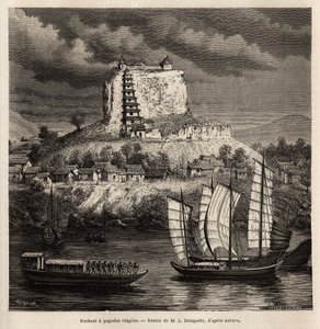 Skála s pagodovými jevišti a různými čluny na modré řece (Čína), rytina podle kresby L.Delaporteho, pro ilustraci průzkumné cesty v Indočíně od Francise Garniera, poručíka lodi, v letech 1866-1868, publikovaná v „ "Le tour du monde." od Louis Delaporte