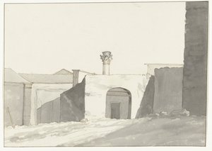 Antieke zuil en gebouwen v přístavu van Brindisi Vzdálený pohled na antický sloup [na přístav Brindisi] Cesty po Itálii, Sicílii a Maltě - 1778 (název série) od Louis Ducros