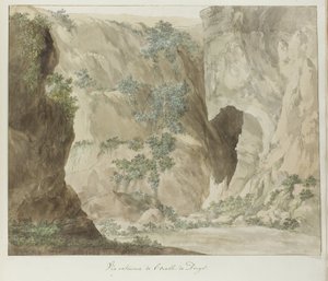Buitenwand van de grot Dionysiovo ucho Vnější pohled na Dionýsovo ucho (titul na předmětu) Cesty po Itálii, Sicílii a Maltě - 1778 (název série) od Louis Ducros