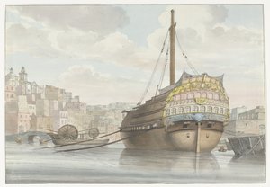 Gezicht op have meet galei schip vlakbij de werf Pohled na dno Port des Galères v Malthe, převzato z místa (název na objektu) Cesty po Itálii, Sicílii a Maltě - 1778 (název série) od Louis Ducros