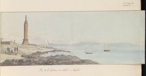 Pohled na maják na konci přístavu v Neapoli Vue de la Lanterne du Mole à Neapol (název na objektu) Voyage en Italy a Sicile et à Malte - 1778 (název série) od Louis Ducros