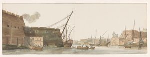 Gezicht op werf in Haven van galei schepen te Malta Pohled na loděnici v přístavu Galleys na Maltě (název na objektu) Cesty po Itálii, Sicílii a Maltě - 1778 (název série) od Louis Ducros