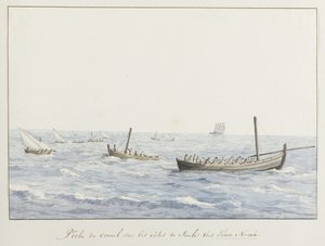 Koraalvissers veor de kust van Sicilië ter hoogte van Terra Nuova Lov korálů na pobřeží Sicílie směrem k Terra Nuova (název na objektu) Cesty po Itálii, Sicílii a Maltě - 1778 (název série) od Louis Ducros