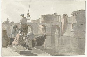 Nový vestingsgracht van de vestingwerken v Tarantu Pohled na nový příkop citadely Taranto (název na objektu) Cesty po Itálii, Sicílii a Maltě - 1778 (název série) od Louis Ducros