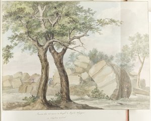 Chrám Ruïne van Zeus Olympus v Oude Agrigento První pohled na ruiny chrámu Olympského Jupitera (název na objektu) Cesty po Itálii, Sicílii a Maltě - 1778 (název série) od Louis Ducros
