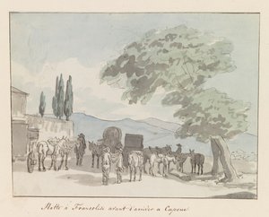 Zastávka ve Francolisi voor aankomst v Capua Zastávka ve Francolisi před příjezdem do Capua (název na objektu) Cesty po Itálii, Sicílii a Maltě - 1778 (název série) od Louis Ducros