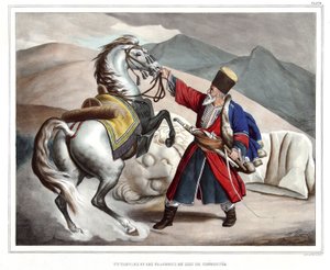 Tatarák a fragmenty lva z Cheronnee. v „“ Cesta do Athén a Konstantinopole, neboli sbírka řeckých a osmanských portrétů, pohledů a kostýmů, namalovaných na místech přírody, litografie a barvy od Louise Dupreho (1789-1837), žáka Daviho od Louis Dupré