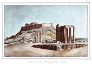 Chrám Olympského Jupitera a Akropole v Athénách. v „“ Cesta do Athén a Konstantinopole, neboli sbírka řeckých a osmanských portrétů, pohledů a kostýmů, namalovaných na místech přírody, litografie a barvy Louis Dupre (1789-1837), pu od Louis Dupré