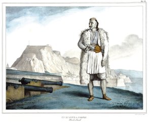 Suliote na Korfu, Nicolo Pervoli, v „“ Cesta do Athén a Konstantinopole, neboli sbírka řeckých a osmanských portrétů, pohledů a kostýmů, namalovaných na místech po přírodě, litografie a barvy od Louise Dupreho (1789-1837), žáka Davida .1825. od Louis Dupré