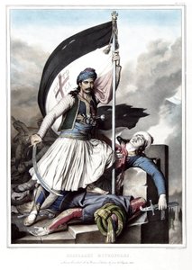 Nikolacki Nitropolos, na sobě standarta kříže v pevnosti Salona převzatá z Osmanské říše, velikonoční den 1821. v „“ Cesta do Athén a Konstantinopole, nebo sbírka řeckých a osmanských portrétů, pohledů a kostýmů, namalovaných na od Louis Dupré