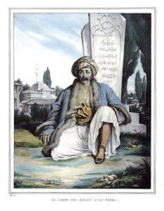 Strážce pečetí Ali Pasha de Janina (1741-1822), v „“ Plavba po Athénách a Konstantinopoli, neboli sbírka řeckých a osmanských portrétů, pohledů a kostýmů, namalovaných na místech přírody, litografie a barvy od Louise Dupreho (1789-1837) pu od Louis Dupré