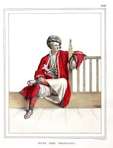 Mladý řecký Thessalian. v „“ Cesta do Athén a Konstantinopole nebo sbírka řeckých a osmanských portrétů, pohledů a kostýmů, namalovaných na místech po přírodě, litografie a barvy od Louise Dupreho (1789-1837), žáka Davida. 1825. od Louis Dupré
