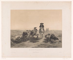 Farmář a pastýř s kravami a ovcemi na cestě na trh Na cestě pour le marché (název na objektu) od Louis Emmanuel Soulange Teissier