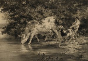 Chlapec s krávou a teletem u řeky od Louis Emmanuel Soulange Tessier