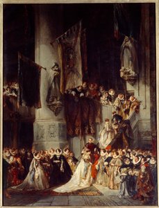 Obřad v kostele Delft. Obraz zobrazující svatbu v Holandsku v 16. století. Obraz Louise Gabriela Eugene Isabey (1803-1886)