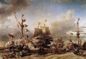 Anglo-nizozemská válka: „“ Nalodění nizozemského admirála Michela Adriena Ruytera (1607-1676) a Williama de Witta pro bitvu u Texelu“ Obraz Louise Gabriela Eugene Isabey (1803-1886) Toulon z 19. století, námořní muzeum