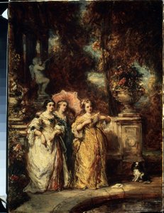 ""La promenade"" (Procházka) Tři mladé dívky z dobré rodiny v parku. Obraz Louise Gabriela Eugene Isabey (1803-1886) 1852 Puškinovo muzeum, Moskva od Louis Eugene Gabriel Isabey