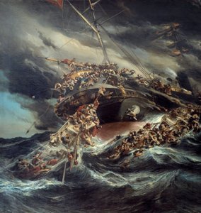 Požár parníku Austria Scene vrak lodi, kterou se pasažéři snaží uniknout na člunech v demontovaném moři. Detail. Obraz Eugene Isabey (1803-1886)