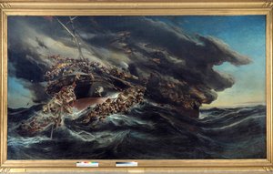 Požár parníku Austria Scene vrak lodi, kterou se pasažéři snaží uniknout na člunech v demontovaném moři. Obraz Eugene Isabey (1803-1886)