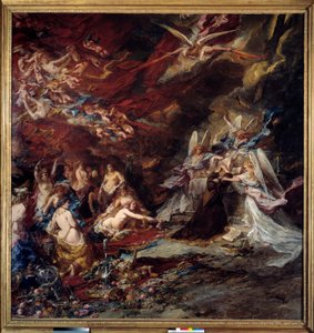 Pokušení svatého Antonína Poustevník Svatý Antonín Veliký (251-356) (neboli svatý Antonín Poustevník nebo svatý Antonín Abbe) je na poušti vystaven pokušením ďábla. Obraz Louise Gabriela Eugene Isabey (1803-1886)