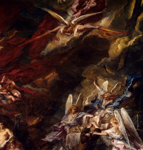 Pokušení svatého Antonína Poustevník svatý Antonín Veliký (251-356) je na poušti vystaven pokušením ďábla. Detail. Obraz Louise Gabriela Eugene Isabey (1803-1886)