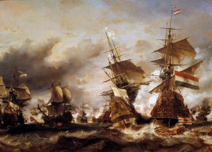 Válka proti Augsburgské lize: „“ Bitva u Texelu dne 29. 6. 1694, vítězství Jeana Barta (1650-1702) nad nizozemskou eskadrou admirála Fríska““ Francouzi se zmocnili holandských lodí spousty pšenice. Obraz Louise Gabriela Eugene Isabey (1803-1886