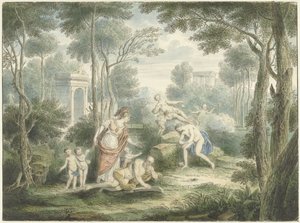Arkádská krajina s Athénou korunující starce a Venuší a Adonisem od Louis Fabritius Dubourg