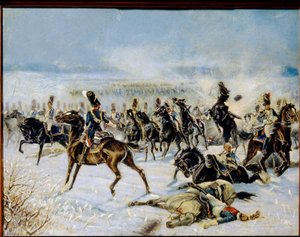 Bitva u Eylau, 20. února 1807. (Bitva u Preussisch Eylau dne 8. února 1807). Vojenská konfrontace mezi francouzskou Grande Armee Napoleona I. (1769-1821) a Ruskou říší. Dílo Louis Ferdinand Malespina (1874-1940), olej na ca od Louis Ferdinand Malespina