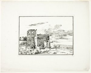 Zničené budovy u břehu řeky, deska 9 z knihy Quatrieme suite de paysages dessinés et grave a l