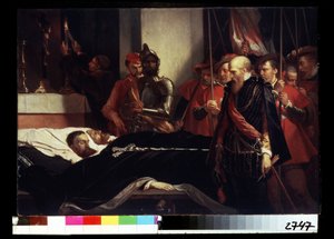 ""Poslední pocty placené hraběti z Hornu Philippe de Montmorency (1524-1568) a Lamoralovi, hraběti z Egmontu (1522-1568) na smrtelné posteli, popravené za zradu poté, co se postavil k povstání Gueux (začátek r. Osmdesátiletá válka (čtyři od Louis Gallait