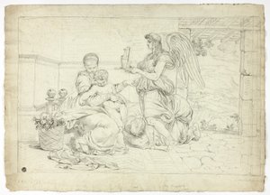 Svatá rodina s andělem nesoucím džbán (recto); pravá polovina náčrtu k lunetě (verso) od Louis Gauffier