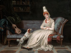 Portrét Elizabeth, lady Websterové, později lady Hollandové, v bílých šatech se svým španělem Pierrotem, kolem roku 1795