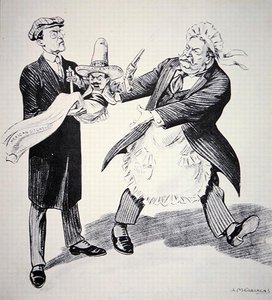 Americký kreslený film zobrazující amerického prezidenta Tufta, jak předává problematickou „mexickou situaci“ svému nástupci Woodrowu Wilsonovi v roce 1913 (litho)