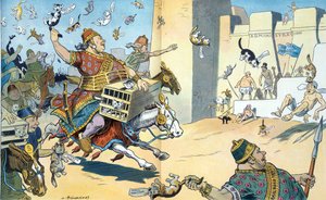 Peršané z Wall Street a washingtonští Egypťané 1907. Ilustrace zobrazuje bitvu u Pelusium s Peršany označenými jako "Vested Interests".