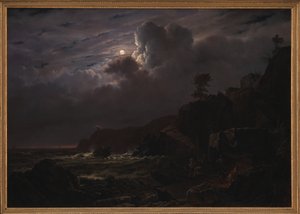 Pohled na Kullen ve Švédsku. Pašeráci skrývají své zboží mezi kameny. Měsíční svit od Louis Gurlitt