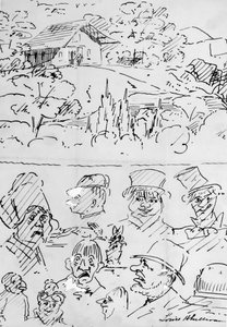 Krajina s budovou (nahoře) a karikatura hlavy (dole) od Louis H. Sullivan