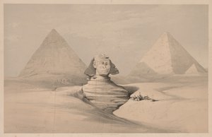 Egypt a Núbie: svazek I – č. 18, Velká sfinga, pyramidy v Gizeh, pohled zepředu, 1839. od Louis Haghe
