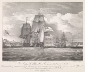 HMS "Shannon" vede svou kořist, americkou fregatu "Chesapeake" (1806), do přístavu Halifax, Nové Skotsko, 6. června 1813, asi 1815 (litografie) od Louis Haghe