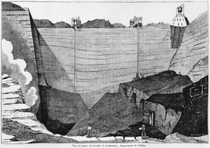 Uhelný důl v Commentry, ilustrace z Le Magasin Pittoresque, 1835 (černobílá fotografie)